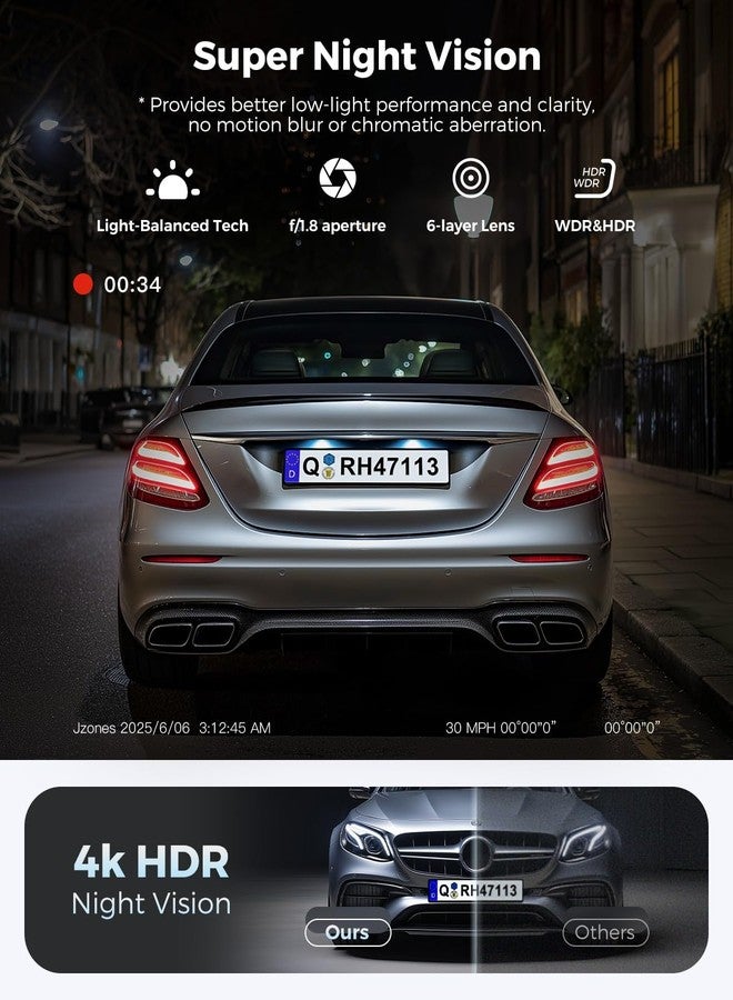 Jzones Dash Cam Front and Rear: 4K+1080P FHD Dual Dash Camera for Cars with Night Vision, 2 Channel HDR Dash Camera, 24H Parking Mode Car Camera, Built-in GPS, WiFi 6, Free 64GB Card - Image 3