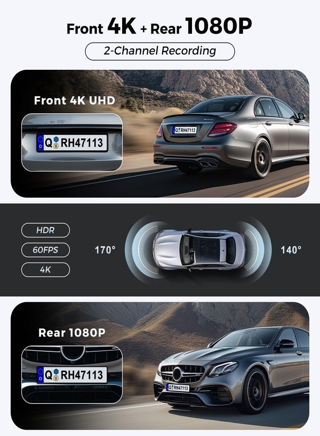 Jzones Dash Cam Front and Rear: 4K+1080P FHD Dual Dash Camera for Cars with Night Vision, 2 Channel HDR Dash Camera, 24H Parking Mode Car Camera, Built-in GPS, WiFi 6, Free 64GB Card - Image 2