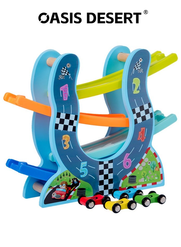 صحراء الواحة 4 طبقات خشبية على شكل حرف U لسباق الأطفال المنزلق لعبة لعبة المسار السيارات تشمل 4 سيارات سباق - Image 1