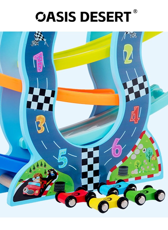 صحراء الواحة 4 طبقات خشبية على شكل حرف U لسباق الأطفال المنزلق لعبة لعبة المسار السيارات تشمل 4 سيارات سباق - Image 2