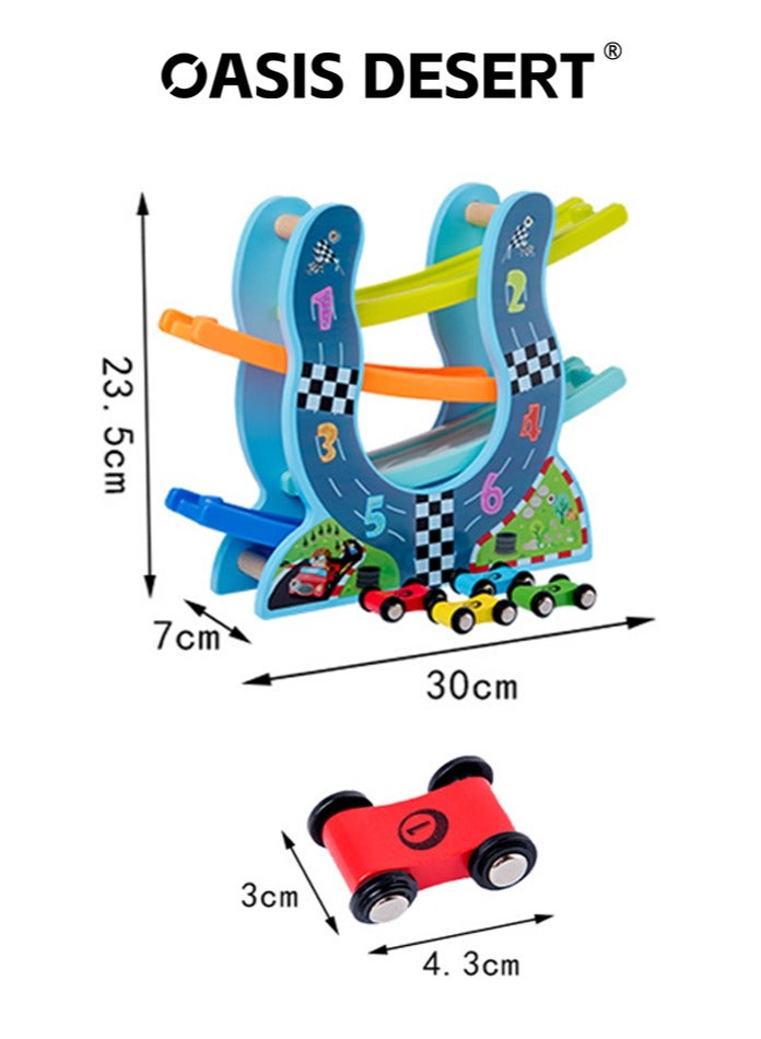 صحراء الواحة 4 طبقات خشبية على شكل حرف U لسباق الأطفال المنزلق لعبة لعبة المسار السيارات تشمل 4 سيارات سباق - Image 3