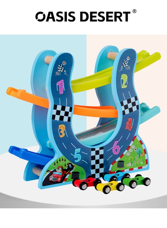صحراء الواحة 4 طبقات خشبية على شكل حرف U لسباق الأطفال المنزلق لعبة لعبة المسار السيارات تشمل 4 سيارات سباق - Image 4