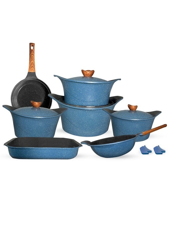 جلوري طقم حلل جرانيت غير لاصق بريميوم 15ق حلة( 18 + 20 + 24 + 28) + قارب 40 +  مقلايه 24+ ووك 28 + 4 ماسك لون ازرق - Image 1