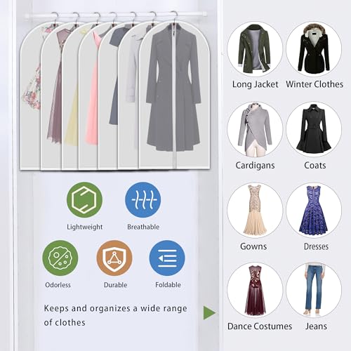 VOSIGREEN Hanging Garment Bags 7 Piece Set - 60 Inch Translucent Dust Proof Clothes Bag White Breathable Full Zipper Dust Cover for Suit Dance Costumes Gown Dress. - Image 3