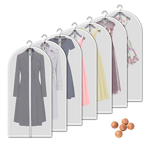 VOSIGREEN Hanging Garment Bags 7 Piece Set - 60 Inch Translucent Dust Proof Clothes Bag White Breathable Full Zipper Dust Cover for Suit Dance Costumes Gown Dress. - Image 1