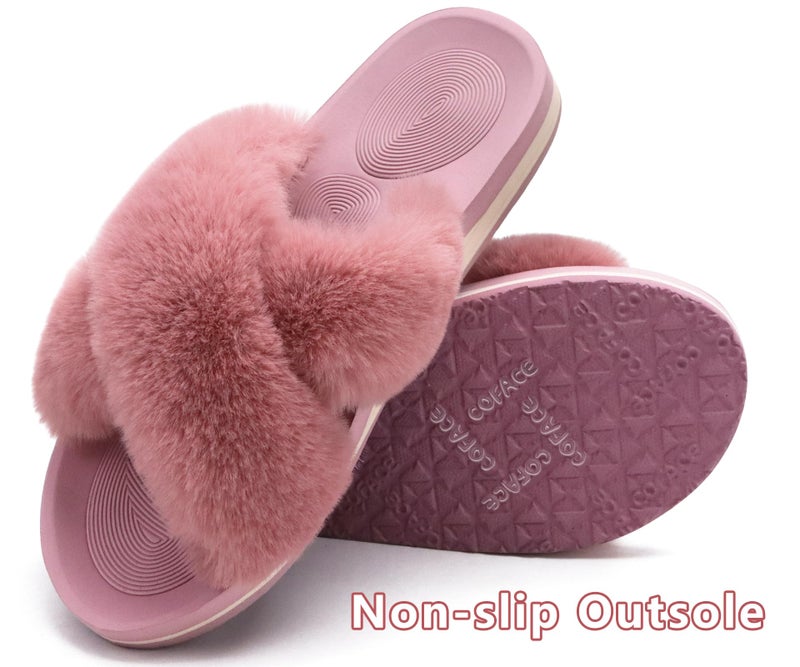 COFACE Womens Fuzzy Slides Fluff Fax Fur Cross Slippers Open Toe Yoga Mat House Slippers Sandals With Arch Support For Indoor/Outdoor