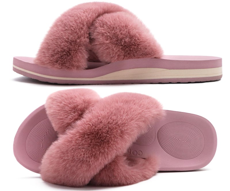 COFACE Womens Fuzzy Slides Fluff Fax Fur Cross Slippers Open Toe Yoga Mat House Slippers Sandals With Arch Support For Indoor/Outdoor