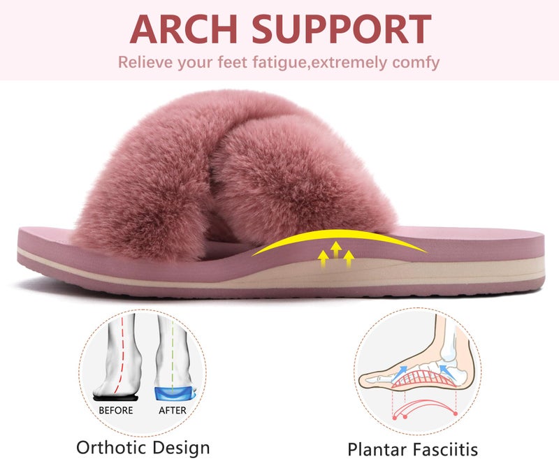 COFACE Womens Fuzzy Slides Fluff Fax Fur Cross Slippers Open Toe Yoga Mat House Slippers Sandals With Arch Support For Indoor/Outdoor