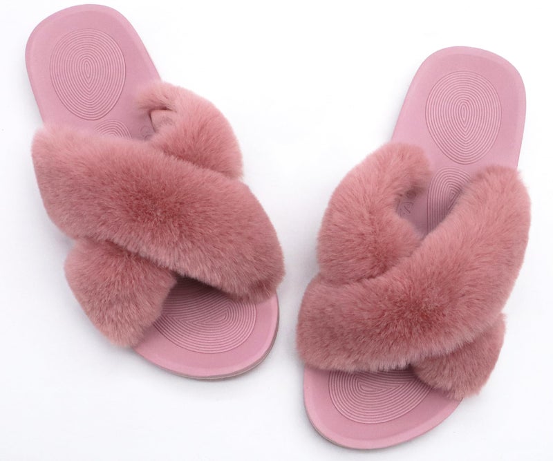 COFACE Womens Fuzzy Slides Fluff Fax Fur Cross Slippers Open Toe Yoga Mat House Slippers Sandals With Arch Support For Indoor/Outdoor