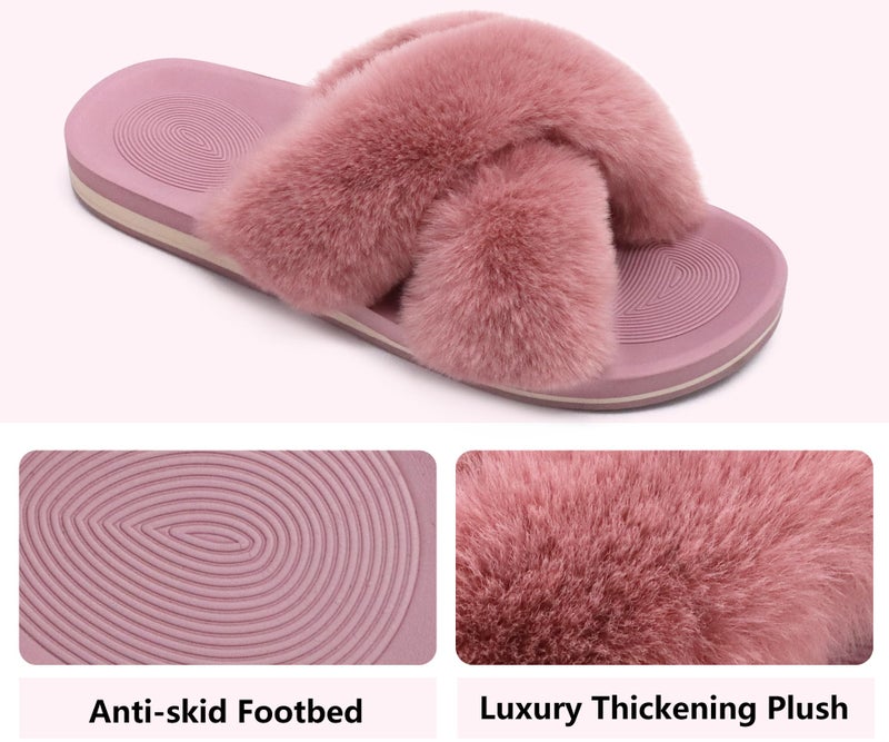 COFACE Womens Fuzzy Slides Fluff Fax Fur Cross Slippers Open Toe Yoga Mat House Slippers Sandals With Arch Support For Indoor/Outdoor