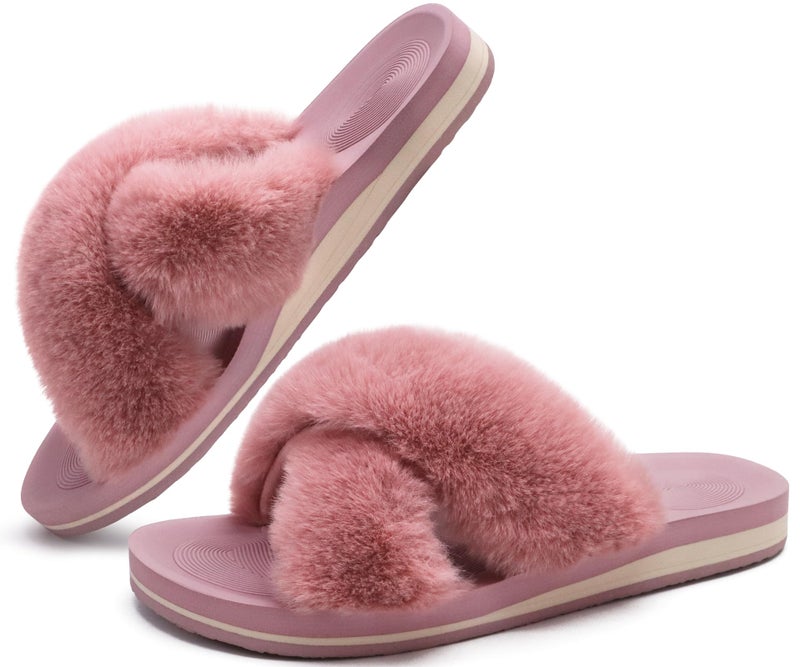 COFACE Womens Fuzzy Slides Fluff Fax Fur Cross Slippers Open Toe Yoga Mat House Slippers Sandals With Arch Support For Indoor/Outdoor