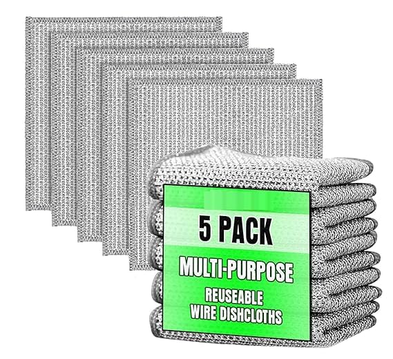 LEMBOSE LEMBOSE Multipurpose Wire Dishwashing Rags for Wet and Dry Stainless Steel Scrubber NonScratch Wire Dishcloth for Washing Dishes Sinks Counters Easy Rinsing Machine Washable Pack 5