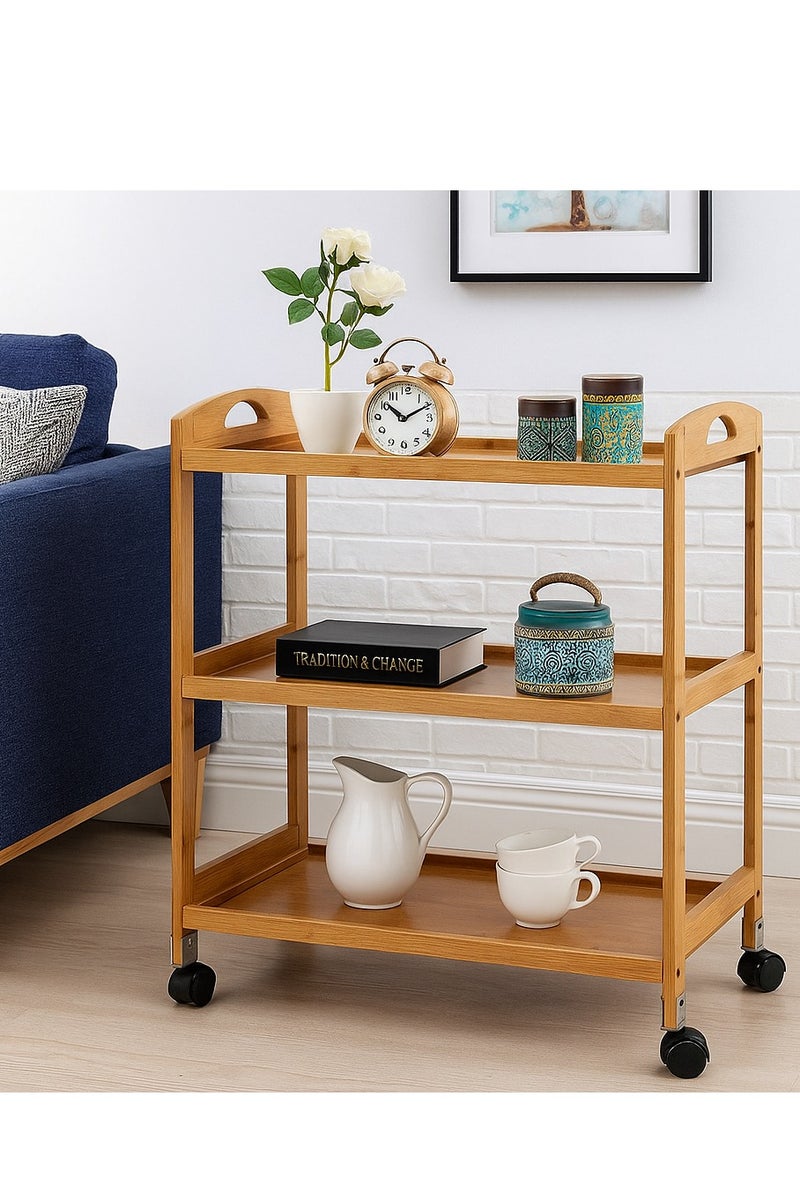 𝐅𝐅𝐃 Bamboo Serving Trolley – 3-Tier Rolling Cart with Lockable Wheels, Brown – Mobile Kitchen Storage Organizer, Eco-Friendly Wood, 60x33x78cm - Image 1