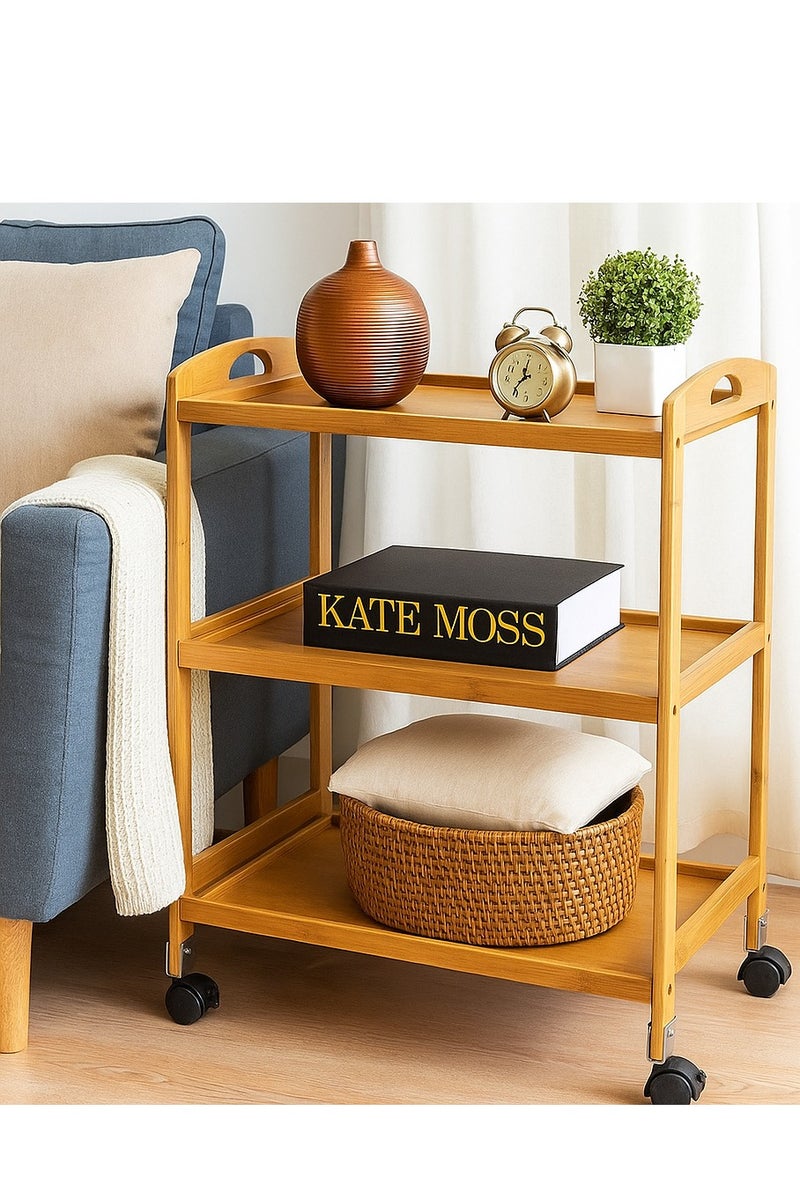 𝐅𝐅𝐃 Bamboo Serving Trolley – 3-Tier Rolling Cart with Lockable Wheels, Brown – Mobile Kitchen Storage Organizer, Eco-Friendly Wood, 60x33x78cm - Image 2