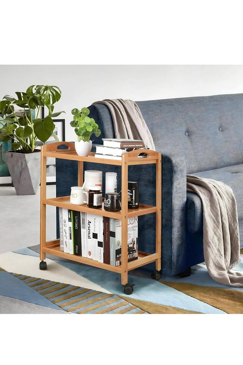 𝐅𝐅𝐃 Bamboo Serving Trolley – 3-Tier Rolling Cart with Lockable Wheels, Brown – Mobile Kitchen Storage Organizer, Eco-Friendly Wood, 60x33x78cm - Image 3