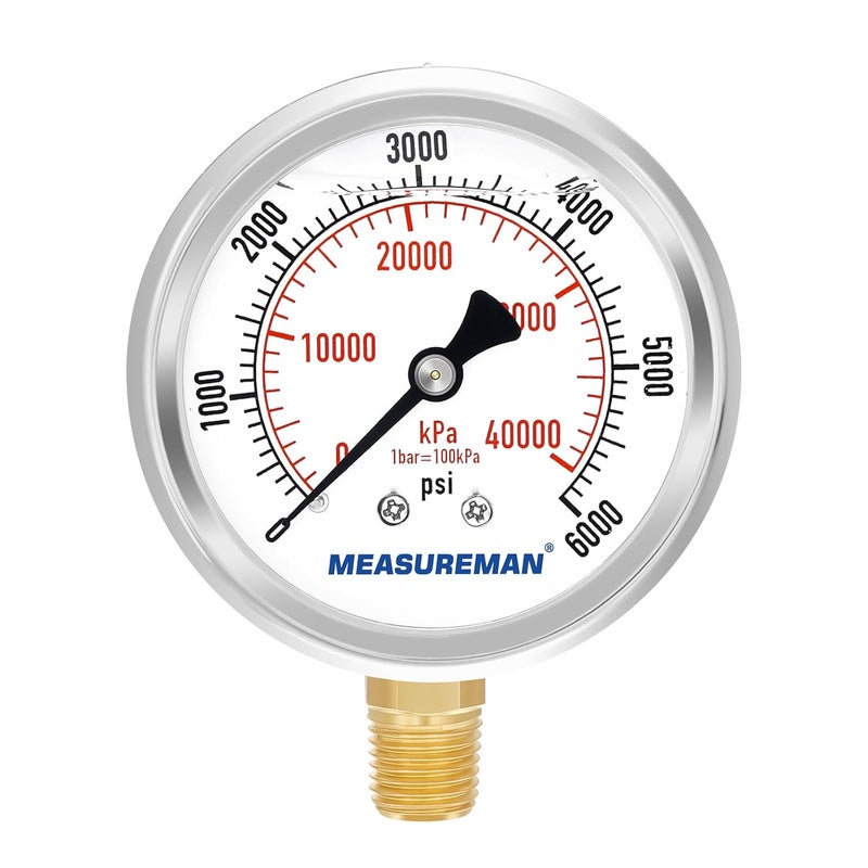 MEASUREMAN مقياس ضغط مملوء بالزيت من ميزورمان، حجم القرص 2-1/2 بوصة، نطاق 0-6000 رطل لكل بوصة مربعة/كيلو باسكال، غلاف من الفولاذ المقاوم للصدأ 304، تركيب سفلي 1/4 إنش إن بي تي - Image 1