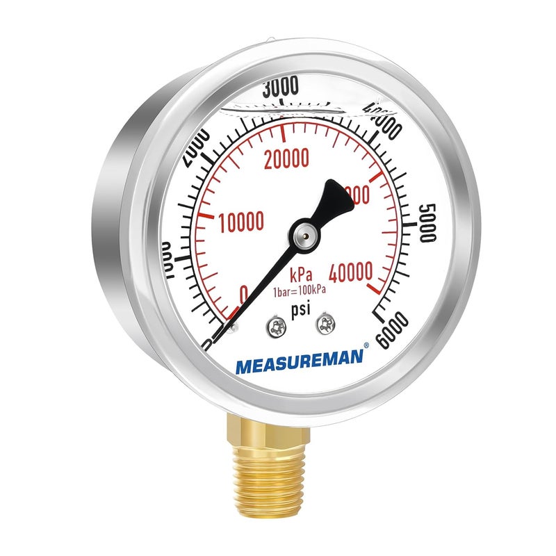 MEASUREMAN مقياس ضغط مملوء بالزيت من ميزورمان، حجم القرص 2-1/2 بوصة، نطاق 0-6000 رطل لكل بوصة مربعة/كيلو باسكال، غلاف من الفولاذ المقاوم للصدأ 304، تركيب سفلي 1/4 إنش إن بي تي - Image 2