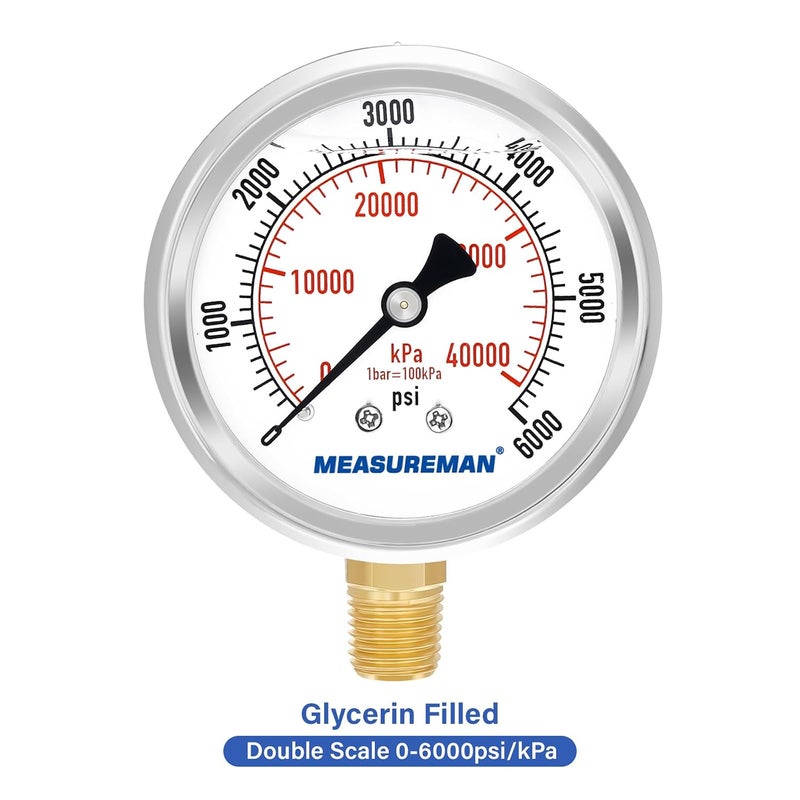 MEASUREMAN مقياس ضغط مملوء بالزيت من ميزورمان، حجم القرص 2-1/2 بوصة، نطاق 0-6000 رطل لكل بوصة مربعة/كيلو باسكال، غلاف من الفولاذ المقاوم للصدأ 304، تركيب سفلي 1/4 إنش إن بي تي - Image 3