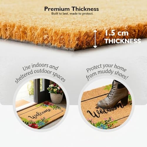 ATMAH Coir Door Mat 40x60 cm Welcome Flower Design for Home Entrance | Anti Slip PVC Backed | Dirt Trapper | Indoor and Covered Outdoor Doormat | Natural - Image 4