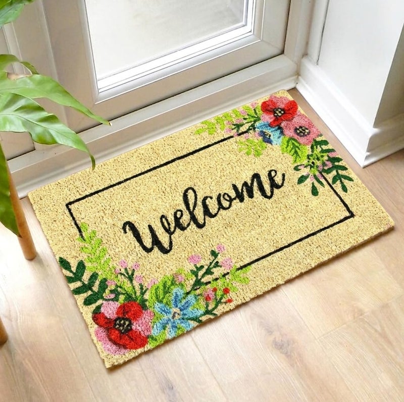 ATMAH Coir Door Mat 40x60 cm Welcome Flower Design for Home Entrance | Anti Slip PVC Backed | Dirt Trapper | Indoor and Covered Outdoor Doormat | Natural - Image 1