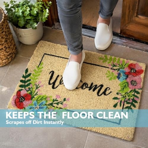 ATMAH Coir Door Mat 40x60 cm Welcome Flower Design for Home Entrance | Anti Slip PVC Backed | Dirt Trapper | Indoor and Covered Outdoor Doormat | Natural - Image 2