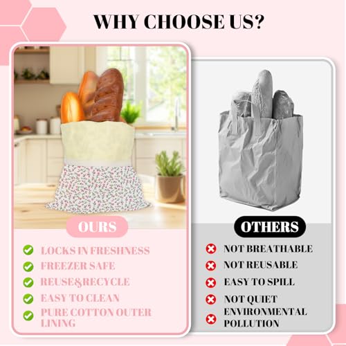 EHZYP 2 Pack Beeswax Bread Bags 17x13 Inch Reusable Bread Storage BagsBees Wax Lined Bread Bags for Home Cooks fresh bread storage Easy Clean Pink Floral - Image 3