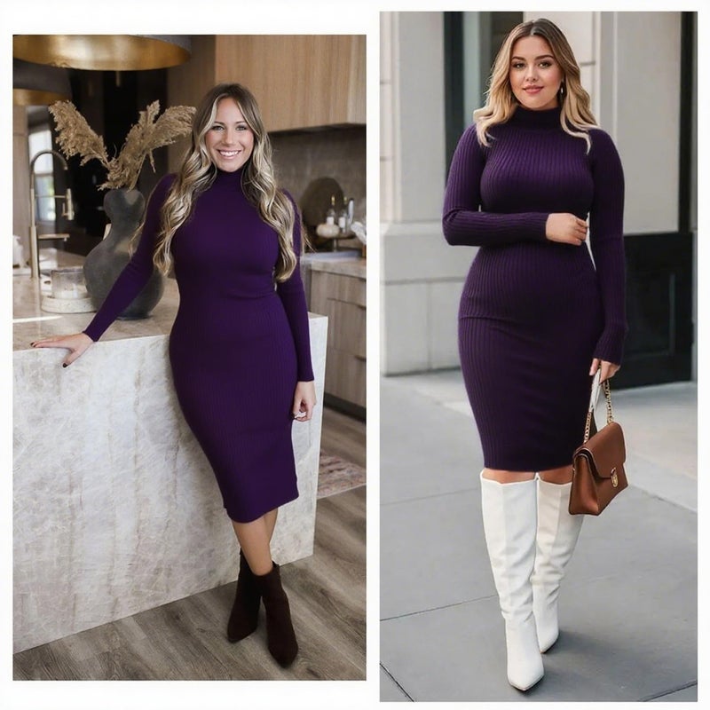 v28 Women Long Turtleneck Knit Stretchable Elasticity Long Sleeve Slim Fit Sweater Dress(S,Purple) - Image 5