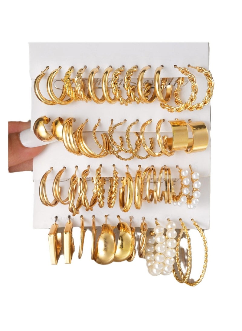 Huitich Stylish 24-Pair Gold Colour Tone Hoop Earrings Set Multiple Sizes & Designs  - Image 1