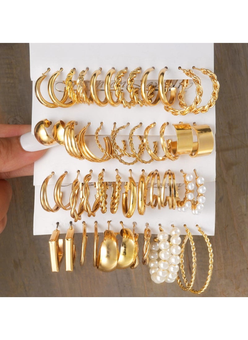 Huitich Stylish 24-Pair Gold Colour Tone Hoop Earrings Set Multiple Sizes & Designs  - Image 2