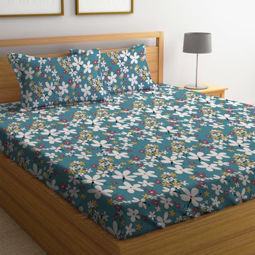 LOOMLYFE 300 TC Cotton Feel Glace Cotton Elastic Fitted Printed King Size Double Bed Bedsheet with 2 Pillow Covers Fits Upto 8 inches Mattress, Size- 72X78 Inches, Skyblueflowes - Image 1