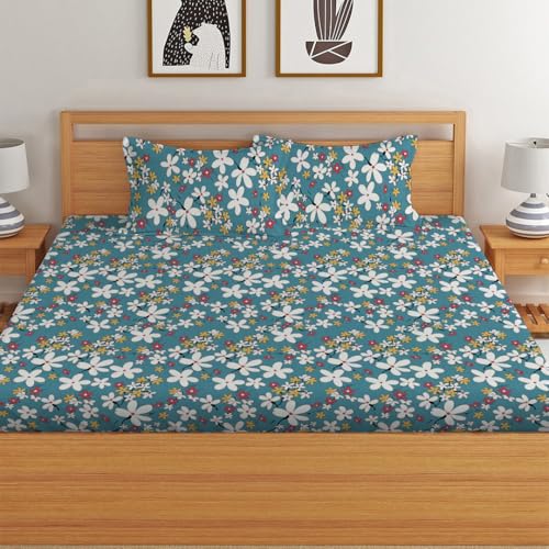 LOOMLYFE 300 TC Cotton Feel Glace Cotton Elastic Fitted Printed King Size Double Bed Bedsheet with 2 Pillow Covers Fits Upto 8 inches Mattress, Size- 72X78 Inches, Skyblueflowes - Image 2