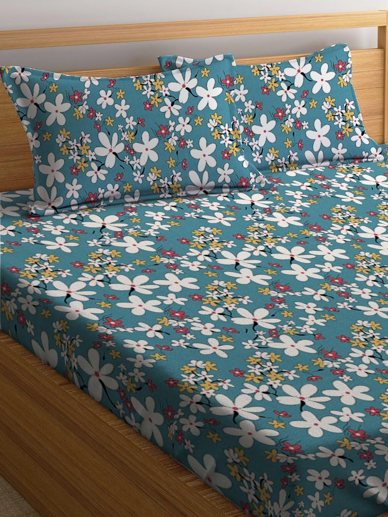 LOOMLYFE 300 TC Cotton Feel Glace Cotton Elastic Fitted Printed King Size Double Bed Bedsheet with 2 Pillow Covers Fits Upto 8 inches Mattress, Size- 72X78 Inches, Skyblueflowes - Image 3