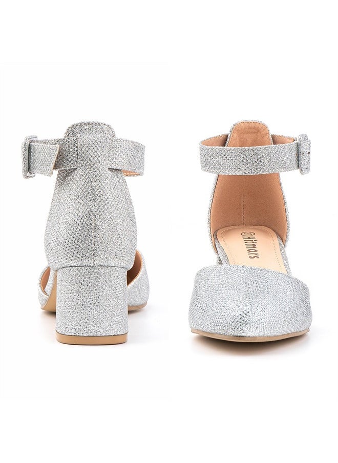 Hitmars - Women's Pumps Low Short Block Heels for Women Chunky Closed Toe Sandals Tacones Sandalias de Mujer Tacon Pumps Shoes Ankle Strap Silver 9 - Image 1