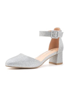 Women's Pumps Low Short Block Heels for Women Chunky Closed Toe Sandals Tacones Sandalias de Mujer Tacon Pumps Shoes Ankle Strap Silver 9