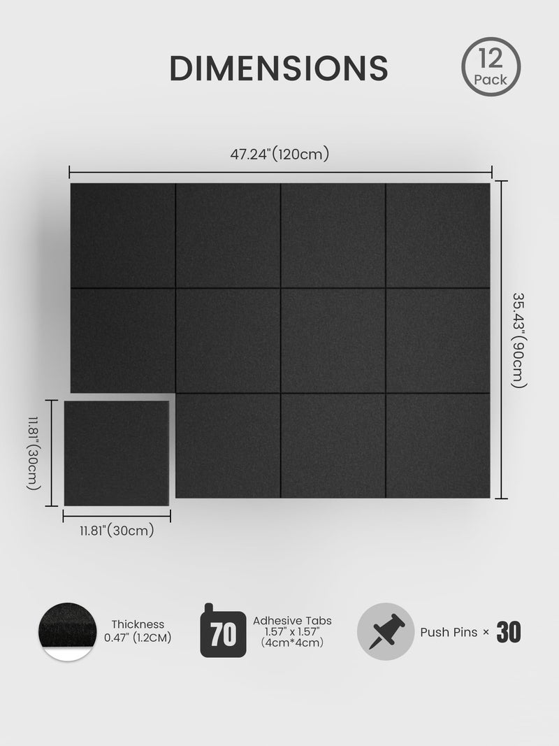 Bumusty Large Cork Board 48" x 36" Alternative - 12 Pack Felt Wall Tiles with 70 Safe Removable Adhesive Tabs, 30 Pushpins, Cork Boards for Walls Pin Board Bulletin Board Office Decor (Black) - Image 2