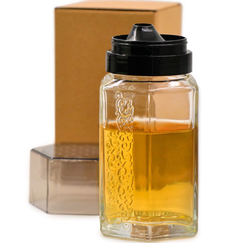 TOSSOW Glass Honey dispenser Oil Bottle Leakproof Condiment Container Oil Vinegar Cruet with Pourers and Funnel Olive Oil Carafe Decanter NonDrip Spout for Kitchen Cooking 350ml12oz Black