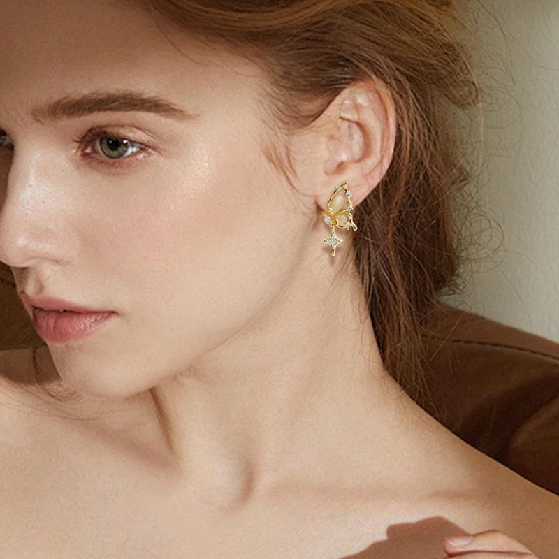 Jean Beau Jeanbeau Gold Butterfly Dangle Drop Earrings for Women, Trendy Statement Beige Rhinestone Dangling Hypoallergenic Earing Summer Prom Jewelry Gift - Image 2