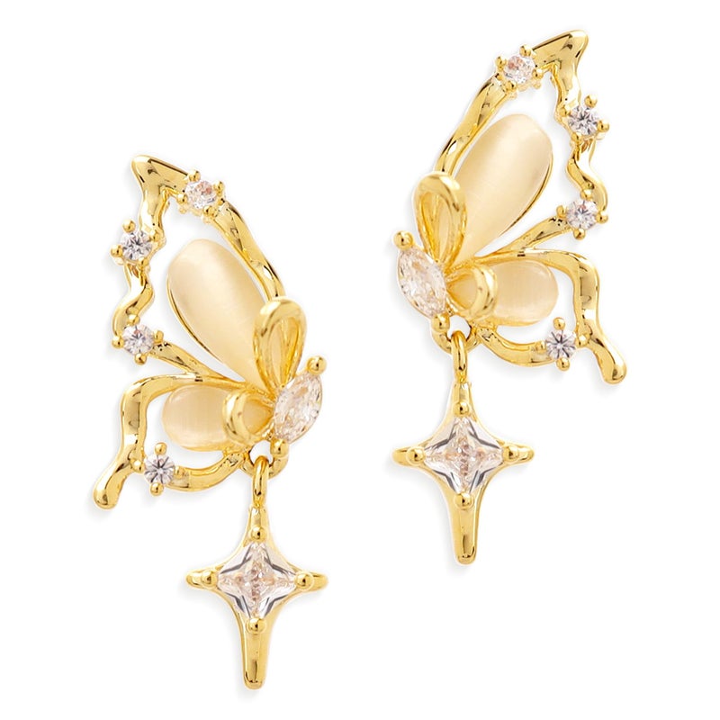 Jean Beau Jeanbeau Gold Butterfly Dangle Drop Earrings for Women, Trendy Statement Beige Rhinestone Dangling Hypoallergenic Earing Summer Prom Jewelry Gift - Image 1