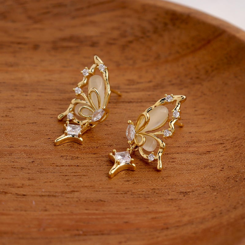 Jean Beau Jeanbeau Gold Butterfly Dangle Drop Earrings for Women, Trendy Statement Beige Rhinestone Dangling Hypoallergenic Earing Summer Prom Jewelry Gift - Image 5