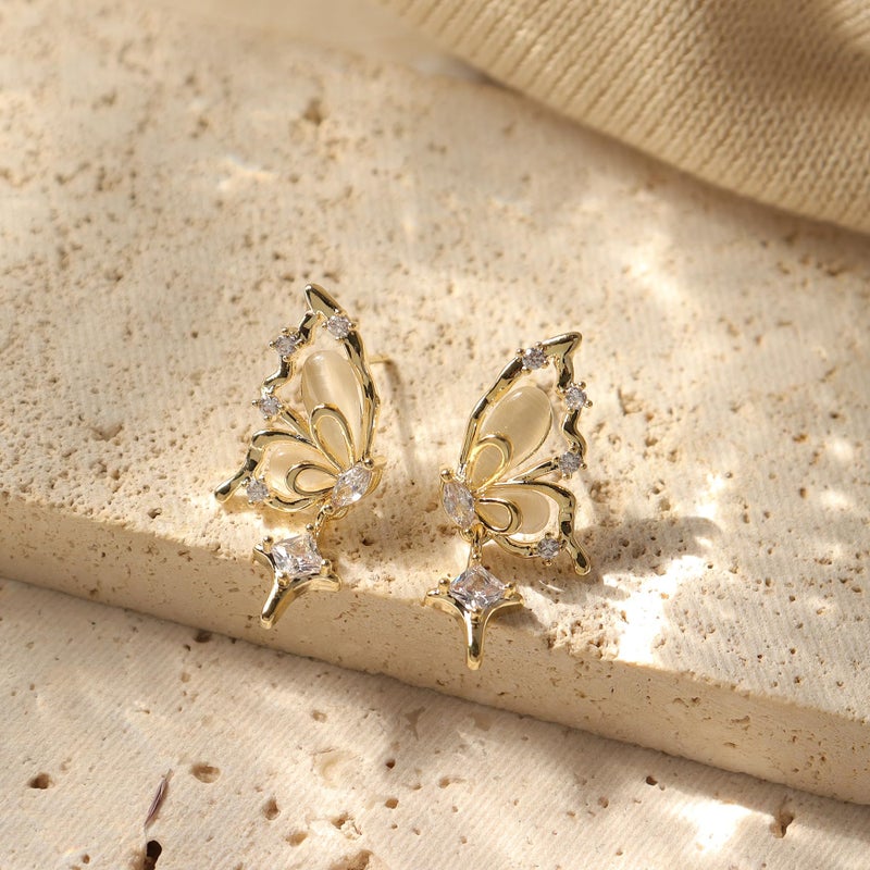 Jean Beau Jeanbeau Gold Butterfly Dangle Drop Earrings for Women, Trendy Statement Beige Rhinestone Dangling Hypoallergenic Earing Summer Prom Jewelry Gift - Image 4