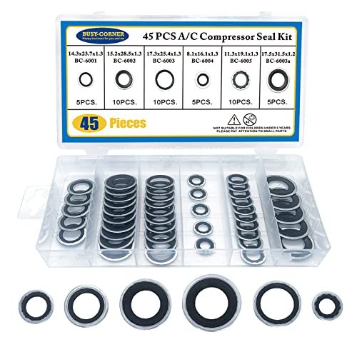 BUSY-CORNER Air Conditioning Compressor Port Seal Washer Kit AC Gasket Assortment 45 Pieces AC Compressor Washer Seals Bonded Seal Gasket Assortment - Image 1