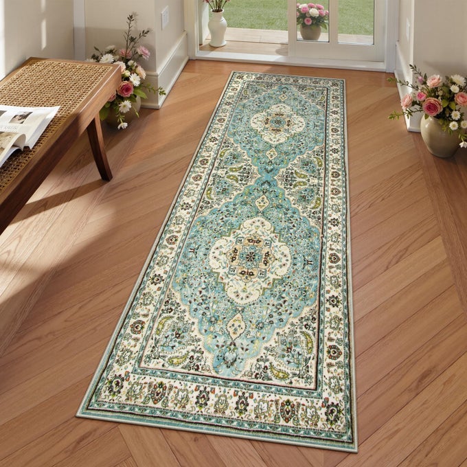 LAHOME FLORAL MEDALLION RUNNER RUG 2X6 HALLWAY BEDSIDE TURKISH THROW RUG RUNNER MAT SOFT FAUX WOOL NONSLIP MACHINE WASHABLE FLOOR CARPET FOR KITCHEN LAUNDRY BATHROOM SKYBABY BLUE