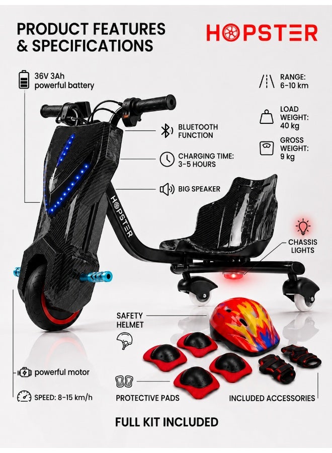 Hopster Kid's Advanced Electric Drift Scooter for Kids with 180W Motor, Medium 6.5 inch wheel, Comfortable Racing Seat, Rear Drift Wheel System, Long-Lasting Rechargeable Battery, black - Image 2