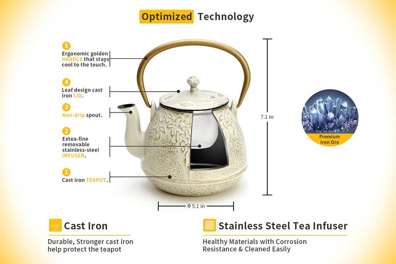 Toptier Cast Iron Tea Kettle, Stovetop Safe Japanese Cast Iron Teapot with Infuser, Leaf Design Tea Kettle for Stove Top Coated with Enameled Interior for 32 Ounce (950 ml), Warm Beige & Gray - Image 3