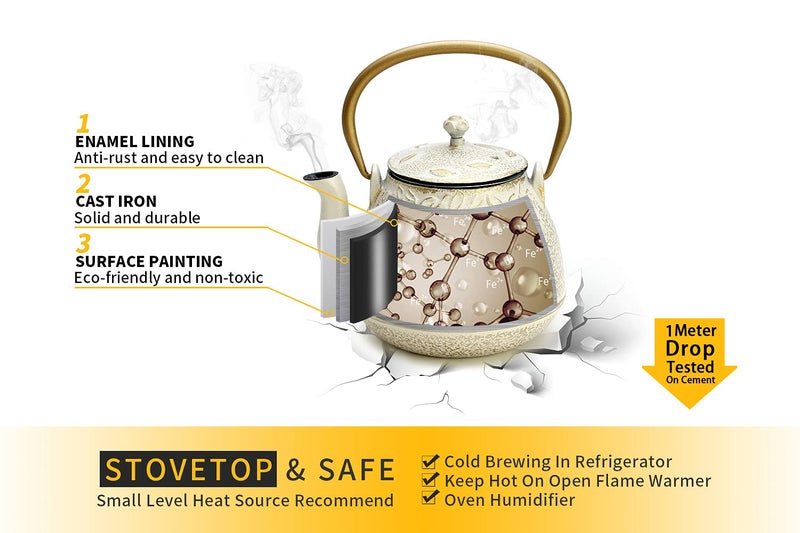 Toptier Cast Iron Tea Kettle, Stovetop Safe Japanese Cast Iron Teapot with Infuser, Leaf Design Tea Kettle for Stove Top Coated with Enameled Interior for 32 Ounce (950 ml), Warm Beige & Gray - Image 4