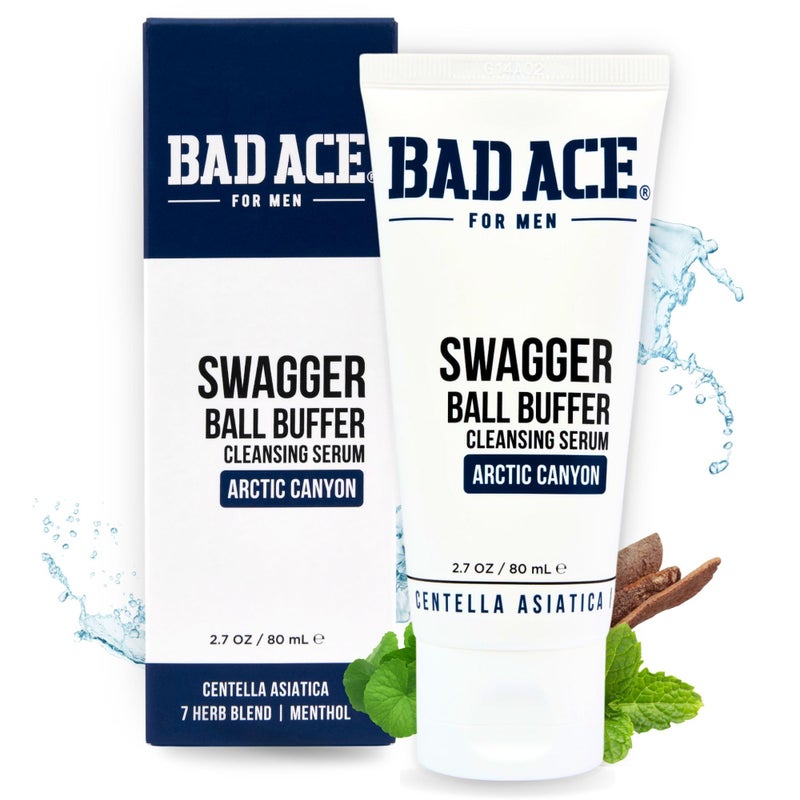 BAD ACE سيروم تنظيف بفر كرة باد إيس سواجر | منظف نظافة الرجال بدون شطف وغسل منطقة العانة للرجال | يزيل العرق، والرائحة، والتهيج والحكة | غسول حميمي تحت الحزام للذكور، 2.7 أونصة - Image 1