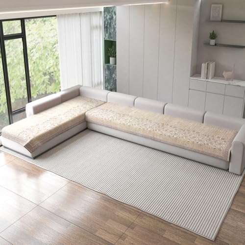 Nendle Superior Velvet Floral Sofa Mat 7 Seater Set Cover Durable Protector for Living Room Sofa Set 4+3, Suitable for L Shape, Sectional and U Shape Sofa (Beige, Pack of 2) - Image 1