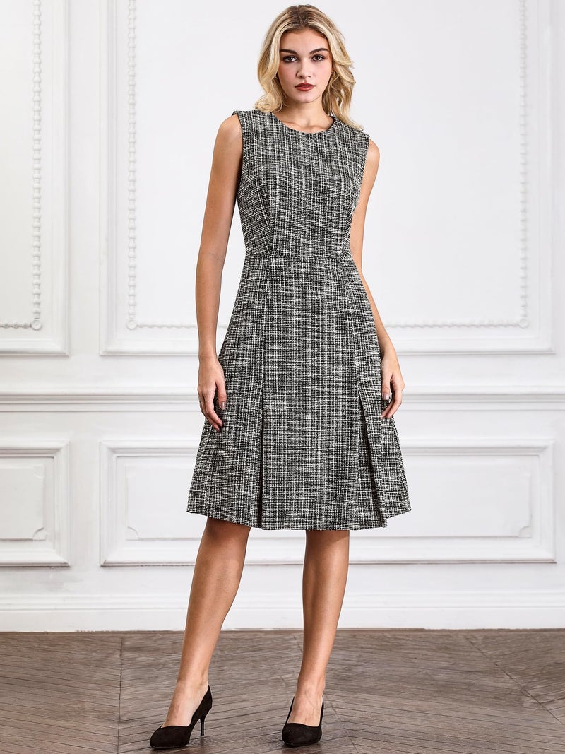 Hobemty Women's Tweed Dress Knee Length A-Line Sleeveless Work Dress Large Black Beige - Image 3