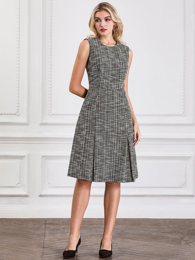 Hobemty Women's Tweed Dress Knee Length A-Line Sleeveless Work Dress Large Black Beige - Image 2