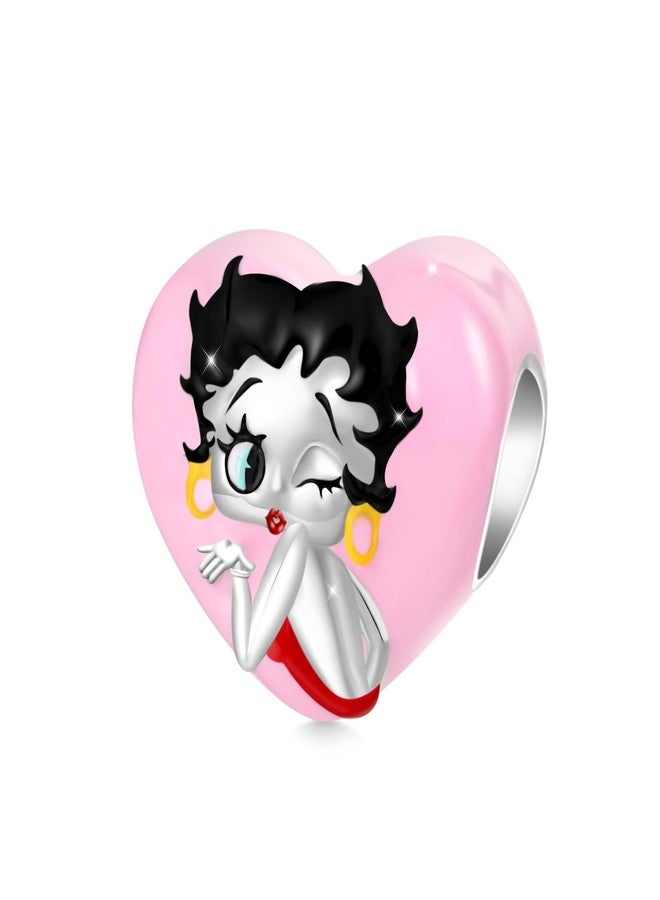 GNOCE Pink Heart Classy Betty Boop Charm, S925 Sterling Silver Dangle Charms for Women Wife, Valentine‘s Day, Mother’s Day Jewelry Gift - Image 1